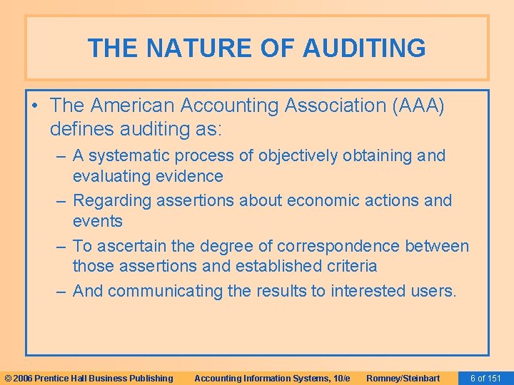 THE NATURE OF AUDITING • The American Accounting Association (AAA) defines auditing as: –