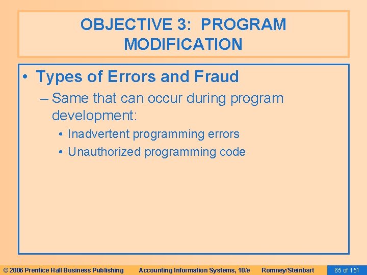 OBJECTIVE 3: PROGRAM MODIFICATION • Types of Errors and Fraud – Same that can