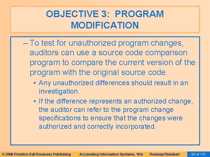 OBJECTIVE 3: PROGRAM MODIFICATION – To test for unauthorized program changes, auditors can use