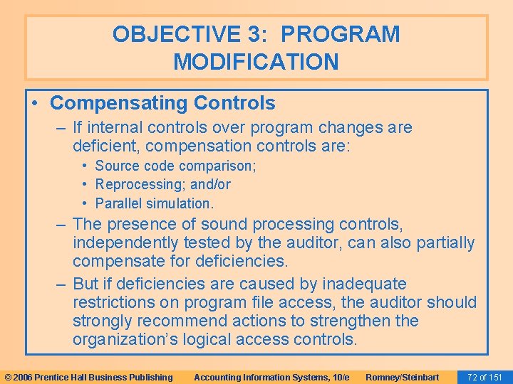 OBJECTIVE 3: PROGRAM MODIFICATION • Compensating Controls – If internal controls over program changes