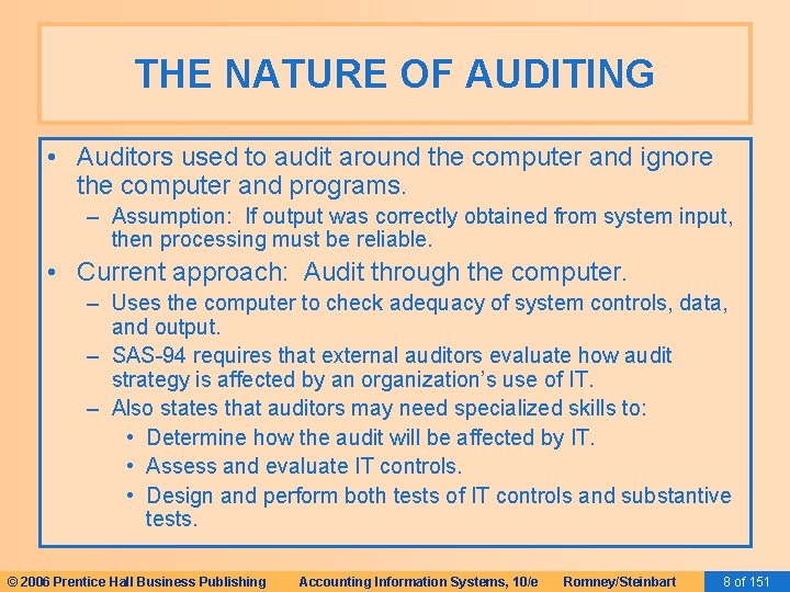 THE NATURE OF AUDITING • Auditors used to audit around the computer and ignore