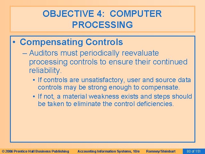 OBJECTIVE 4: COMPUTER PROCESSING • Compensating Controls – Auditors must periodically reevaluate processing controls