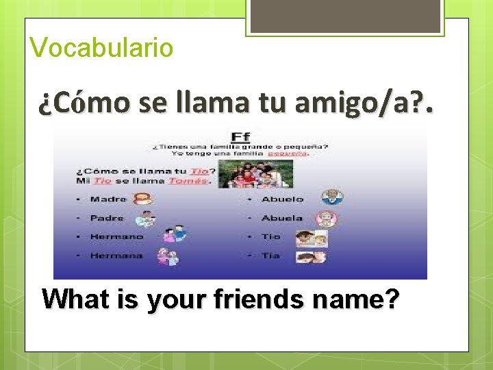 Vocabulario ¿Cómo se llama tu amigo/a? . What is your friends name?  Vocabulario ¿Cómo se llama tu amigo/a? . What is your friends name?