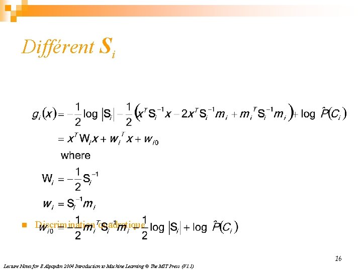 Différent Si n Discrimination quadratique 16 Lecture Notes for E Alpaydın 2004 Introduction to