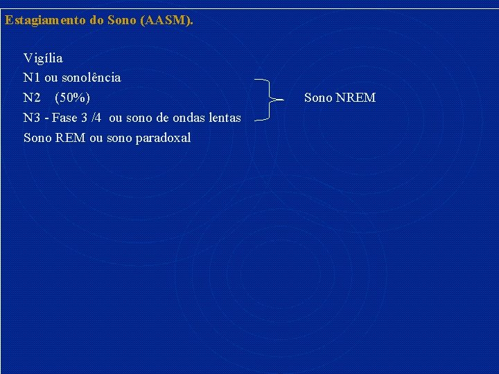 Estagiamento do Sono (AASM). Vigília N 1 ou sonolência N 2 (50%) N 3