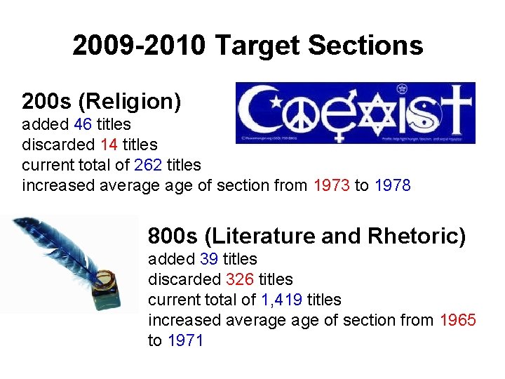 2009 -2010 Target Sections 200 s (Religion) added 46 titles discarded 14 titles current