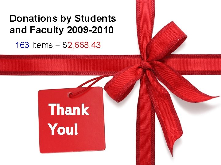 Donations by Students and Faculty 2009 -2010 163 Items = $2, 668. 43 Thank