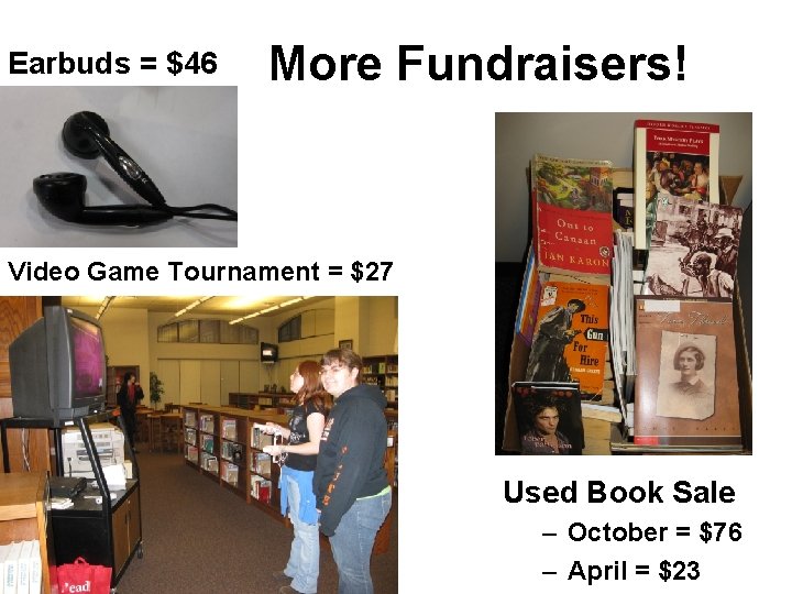 Earbuds = $46 More Fundraisers! Video Game Tournament = $27 Used Book Sale –