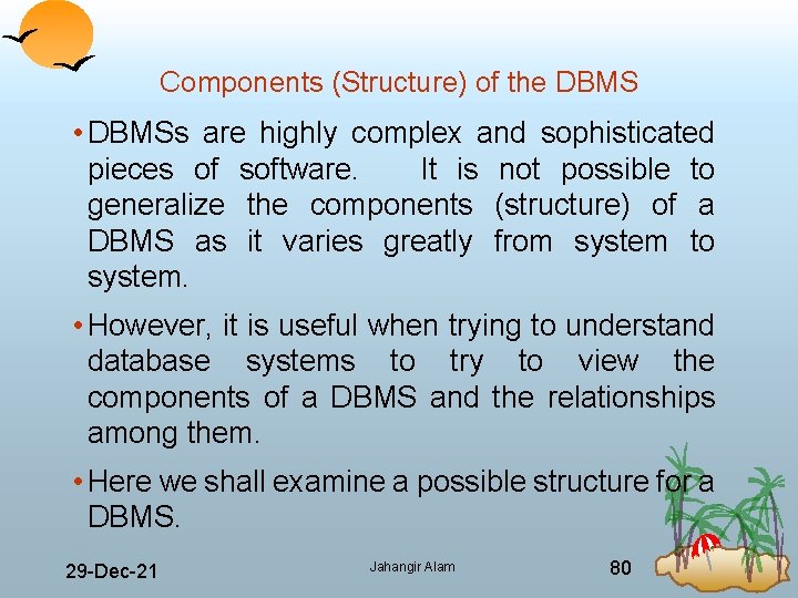 Components (Structure) of the DBMS • DBMSs are highly complex and sophisticated pieces of