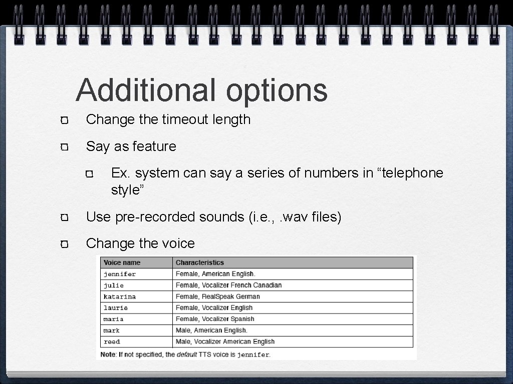 Additional options Change the timeout length Say as feature Ex. system can say a Additional options Change the timeout length Say as feature Ex. system can say a