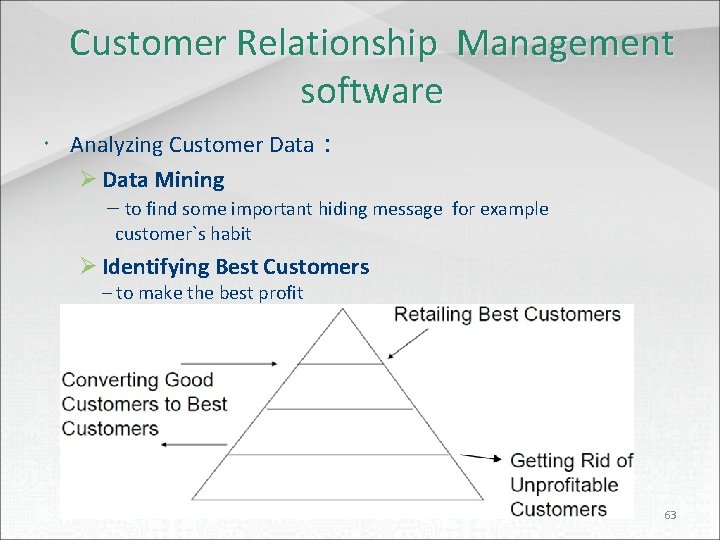 Customer Relationship Management software Analyzing Customer Data： Ø Data Mining – to find some