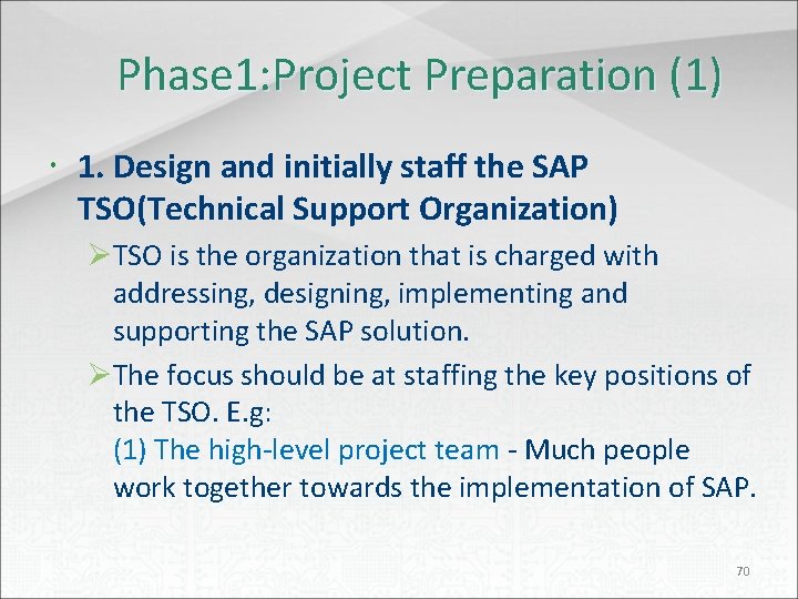 Phase 1: Project Preparation (1) 1. Design and initially staff the SAP TSO(Technical Support