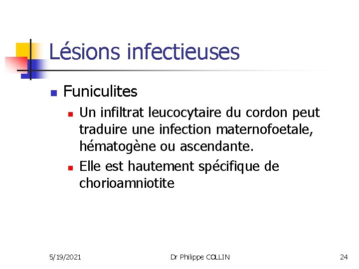 Lésions infectieuses n Funiculites n n Un infiltrat leucocytaire du cordon peut traduire une
