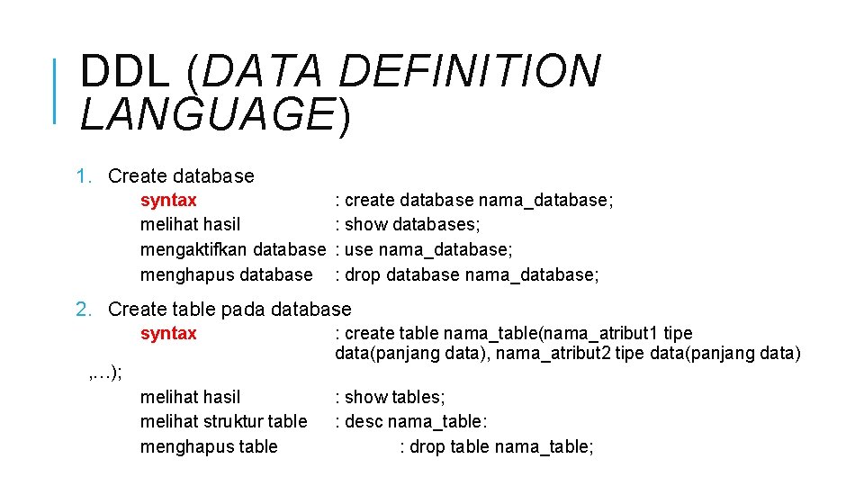 DDL (DATA DEFINITION LANGUAGE) 1. Create database syntax melihat hasil mengaktifkan database menghapus database