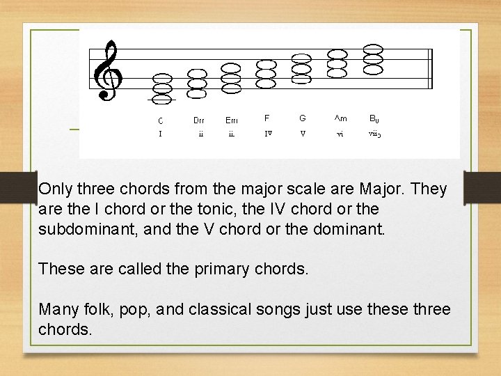 The Primary Triads Only three chords from the major scale are Major. They are