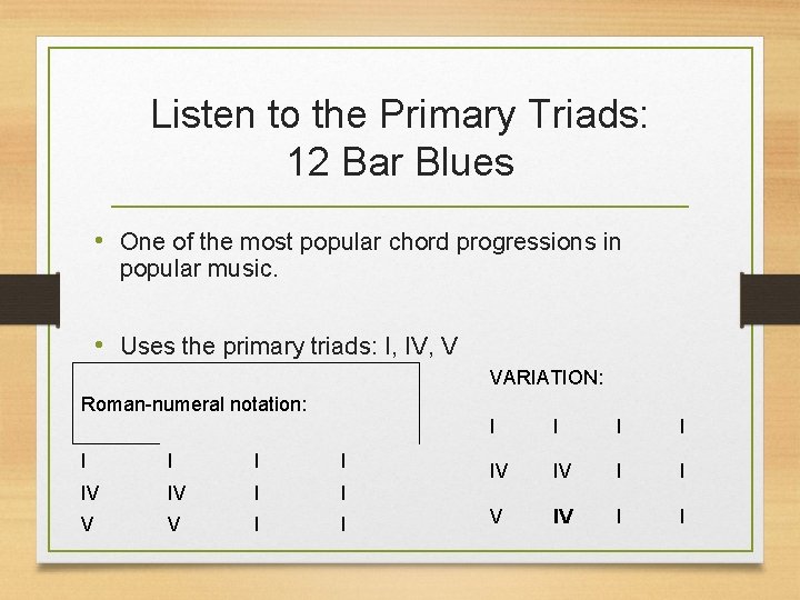 Listen to the Primary Triads: 12 Bar Blues • One of the most popular
