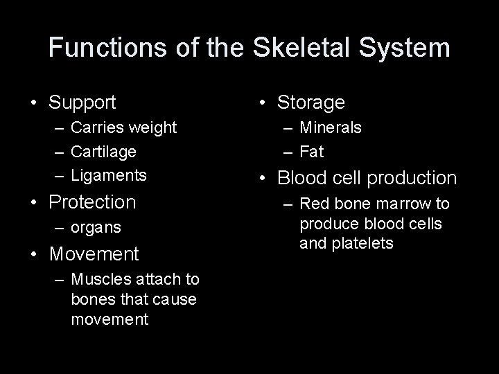 Functions of the Skeletal System • Support – Carries weight – Cartilage – Ligaments