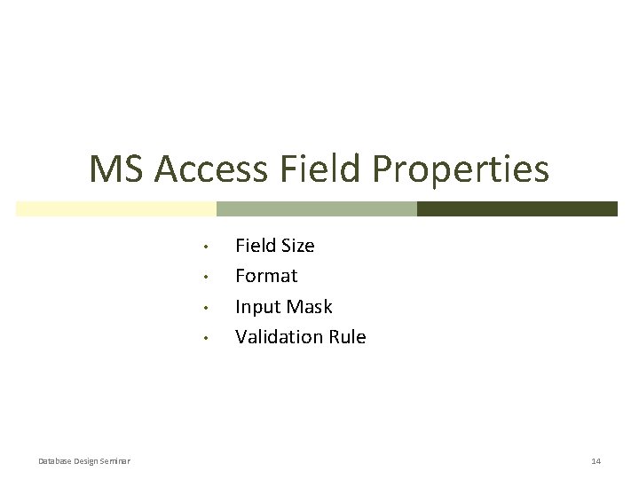 MS Access Field Properties • • Database Design Seminar Field Size Format Input Mask MS Access Field Properties • • Database Design Seminar Field Size Format Input Mask