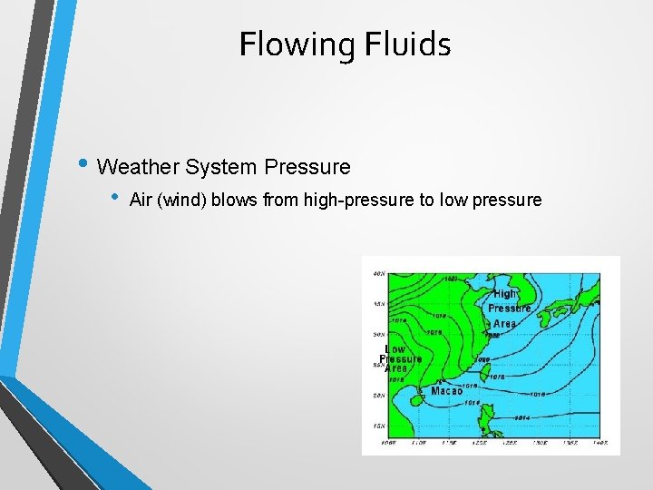Flowing Fluids • Weather System Pressure • Air (wind) blows from high-pressure to low Flowing Fluids • Weather System Pressure • Air (wind) blows from high-pressure to low