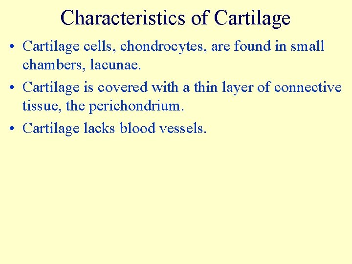 Characteristics of Cartilage • Cartilage cells, chondrocytes, are found in small chambers, lacunae. •