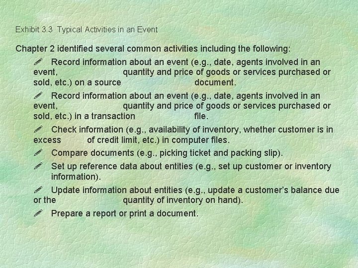 Exhibit 3. 3 Typical Activities in an Event Chapter 2 identified several common activities Exhibit 3. 3 Typical Activities in an Event Chapter 2 identified several common activities