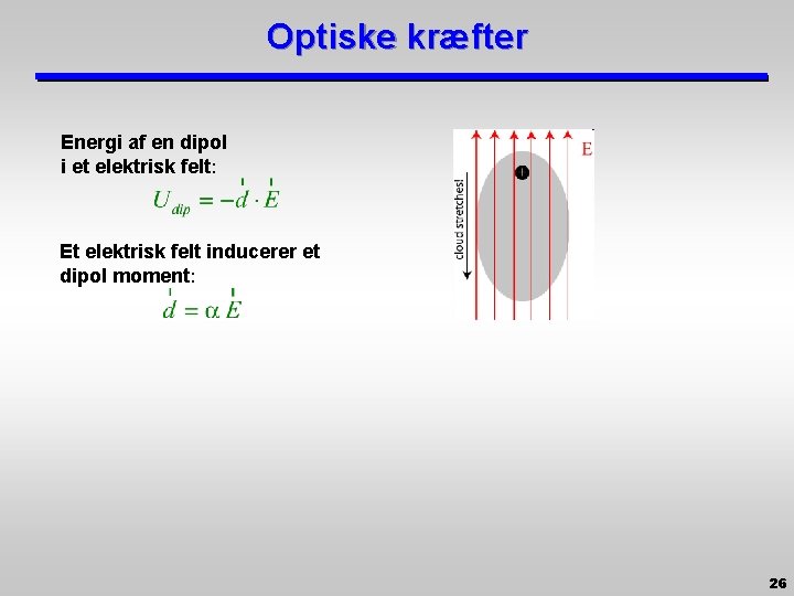 Optiske kræfter Energi af en dipol i et elektrisk felt: Et elektrisk felt inducerer