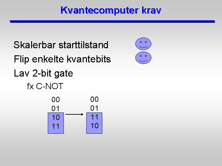 Kvantecomputer krav Skalerbar starttilstand Flip enkelte kvantebits Lav 2 -bit gate fx C-NOT 00