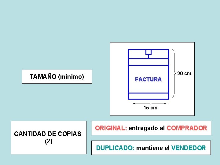 TAMAÑO (mínimo) 20 cm. FACTURA 15 cm. CANTIDAD DE COPIAS (2) ORIGINAL: entregado al