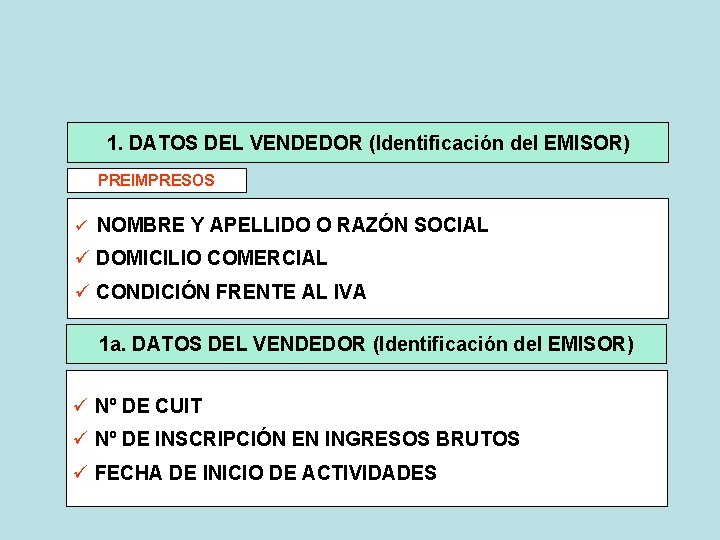 1. DATOS DEL VENDEDOR (Identificación del EMISOR) PREIMPRESOS ü NOMBRE Y APELLIDO O RAZÓN