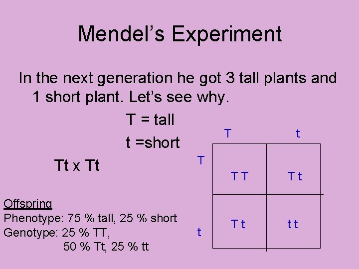 Mendel’s Experiment In the next generation he got 3 tall plants and 1 short