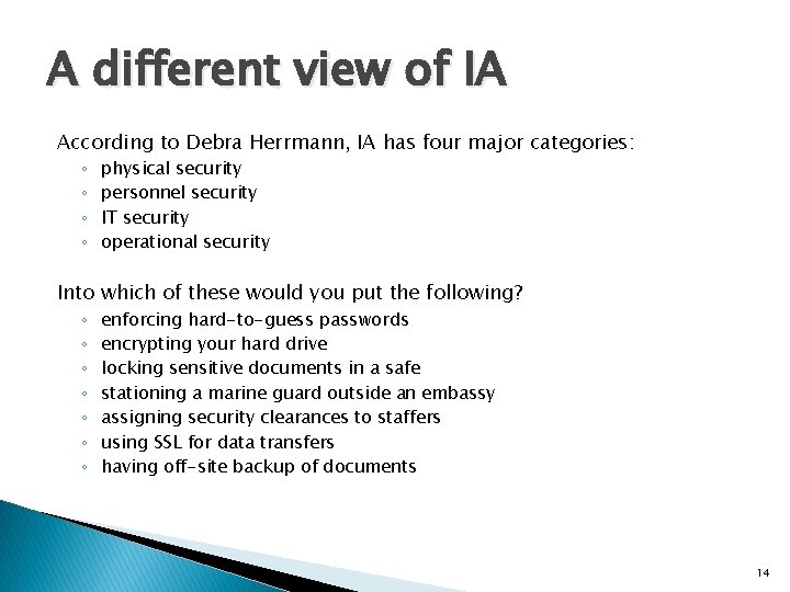 A different view of IA According to Debra Herrmann, IA has four major categories: