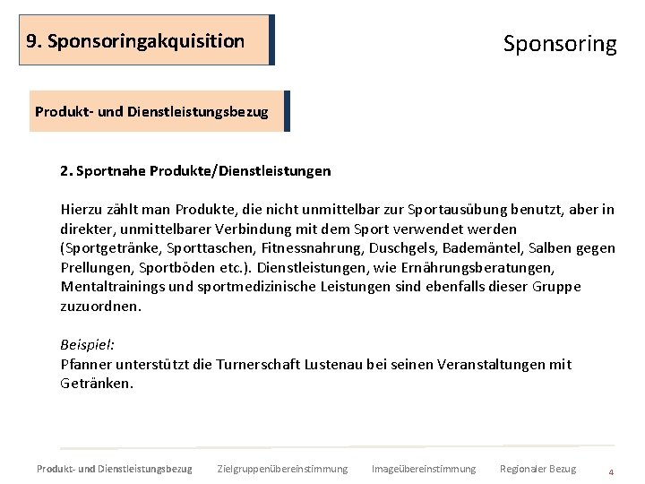 9. Sponsoringakquisition Sponsoring Produkt- und Dienstleistungsbezug 2. Sportnahe Produkte/Dienstleistungen Hierzu zählt man Produkte, die