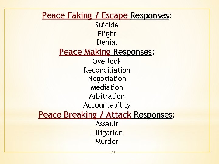 Peace Faking / Escape Responses: Responses Suicide Flight Denial Peace Making Responses: Responses Overlook