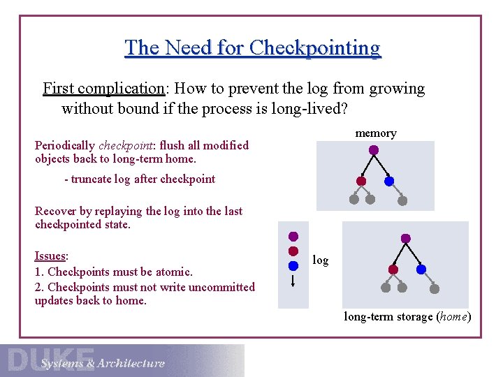 The Need for Checkpointing First complication: How to prevent the log from growing without