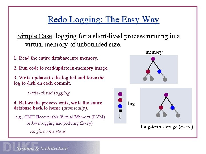 Redo Logging: The Easy Way Simple Case: logging for a short-lived process running in