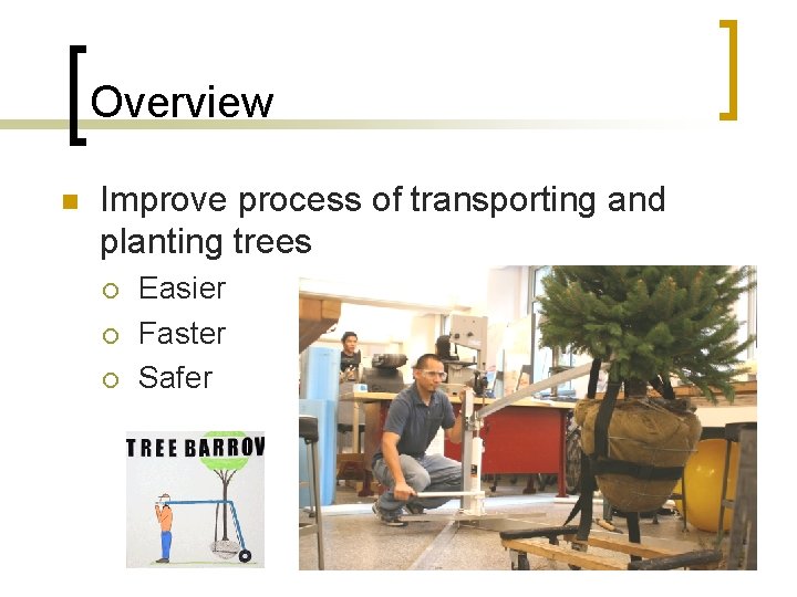 Overview n Improve process of transporting and planting trees ¡ ¡ ¡ Easier Faster