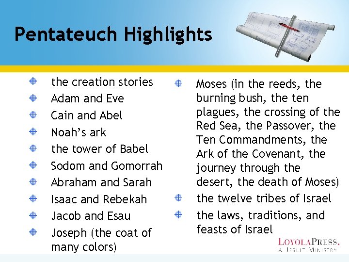 Pentateuch Highlights the creation stories Adam and Eve Cain and Abel Noah’s ark the