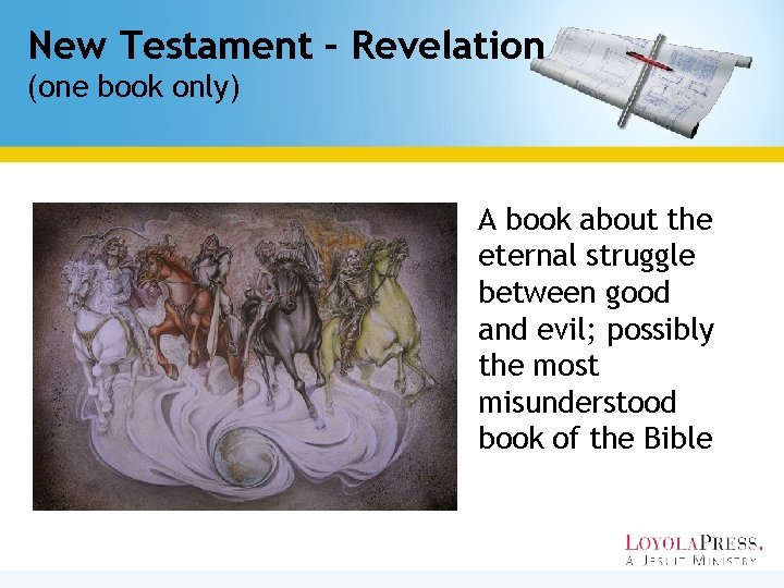 New Testament – Revelation (one book only) A book about the eternal struggle between