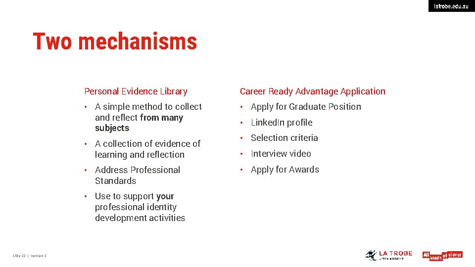 latrobe. edu. au Two mechanisms Personal Evidence Library Career Ready Advantage Application • A