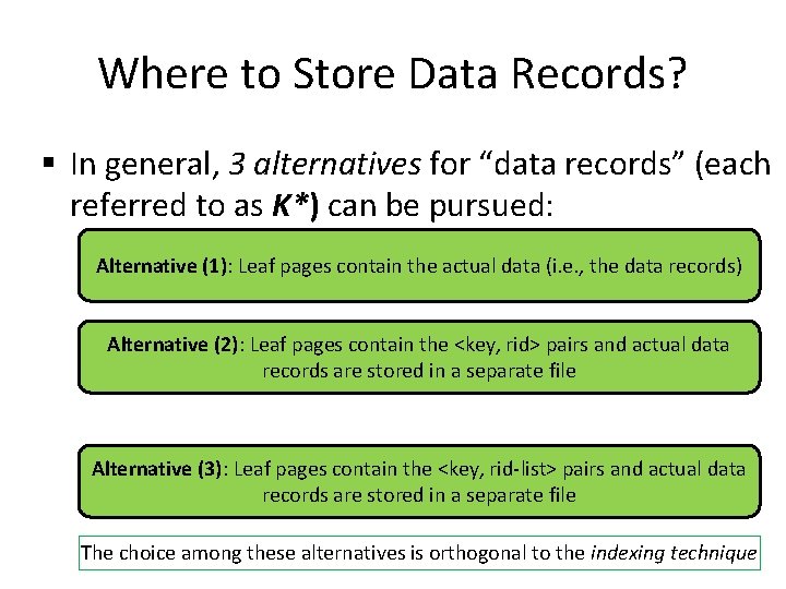 Where to Store Data Records? § In general, 3 alternatives for “data records” (each