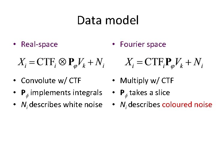 Data model • Real-space • Fourier space • Convolute w/ CTF • Pf implements