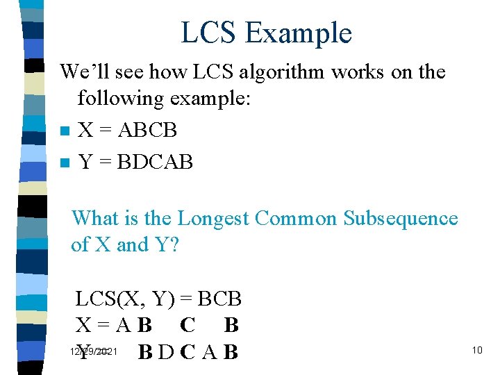 LCS Example We’ll see how LCS algorithm works on the following example: n X