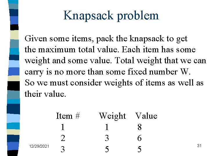 Knapsack problem Given some items, pack the knapsack to get the maximum total value.