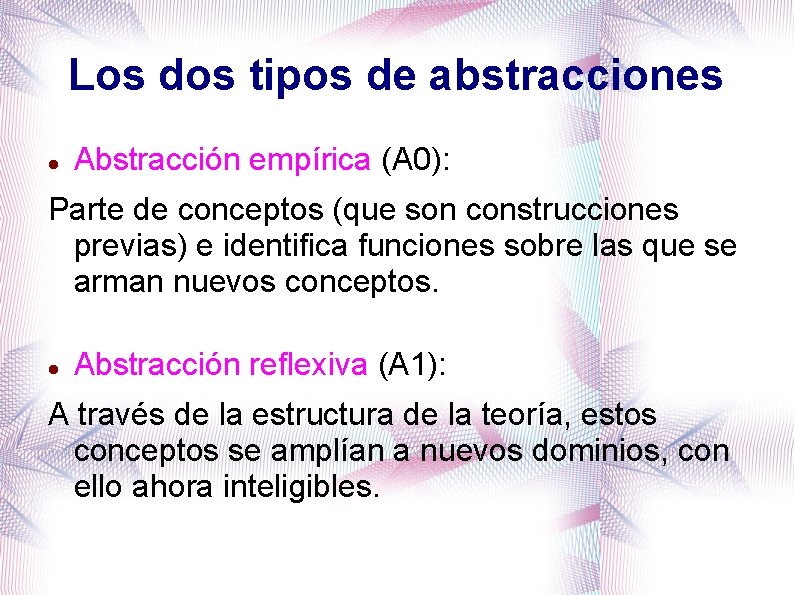 Los dos tipos de abstracciones Abstracción empírica (A 0): Parte de conceptos (que son