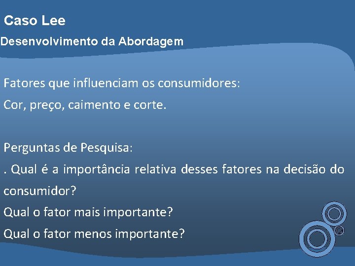 Caso Lee Desenvolvimento da Abordagem Fatores que influenciam os consumidores: Cor, preço, caimento e