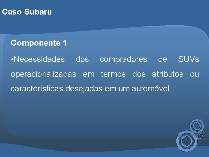 Caso Subaru Componente 1 • Necessidades dos compradores de SUVs operacionalizadas em termos dos