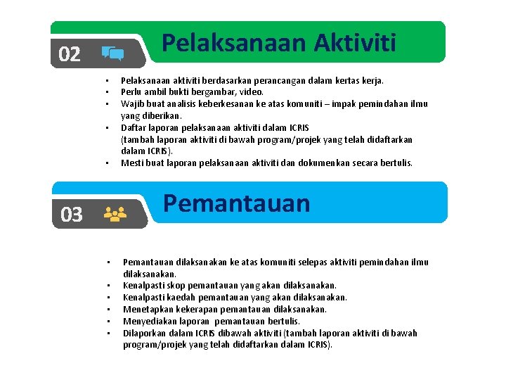 Pelaksanaan Aktiviti 02 • • • Pelaksanaan aktiviti berdasarkan perancangan dalam kertas kerja. Perlu
