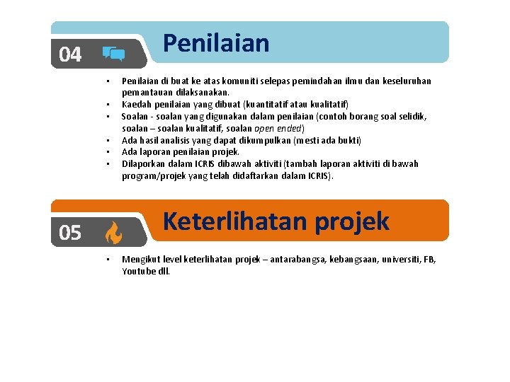 Penilaian 04 • • • Penilaian di buat ke atas komuniti selepas pemindahan ilmu