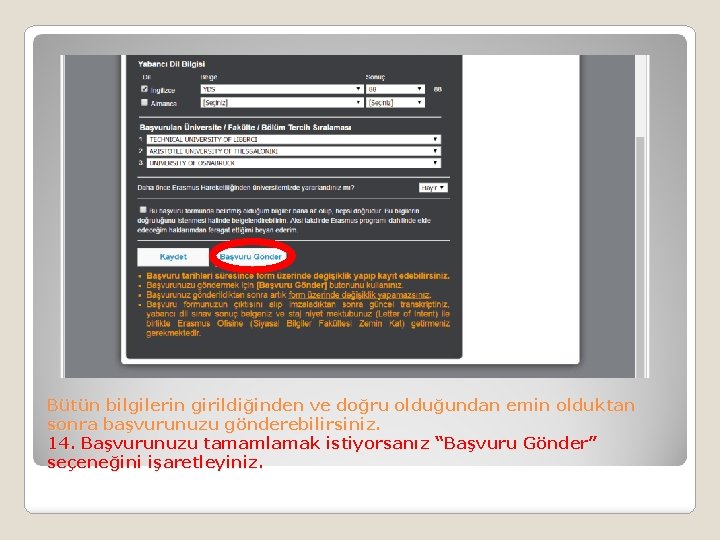 Bütün bilgilerin girildiğinden ve doğru olduğundan emin olduktan sonra başvurunuzu gönderebilirsiniz. 14. Başvurunuzu tamamlamak