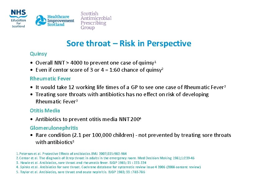 Sore throat – Risk in Perspective Quinsy • Overall NNT > 4000 to prevent